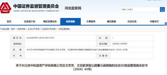 资产评估项目存多项违规行为 中和谊及两名签字评估师被出具警示函